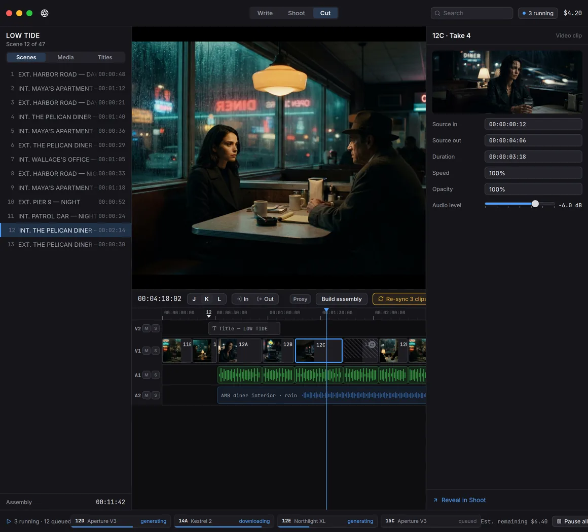The Cut room: a program monitor playing the selected take above a timeline of video, title and audio tracks, with clip source, duration and audio level controls on the right.