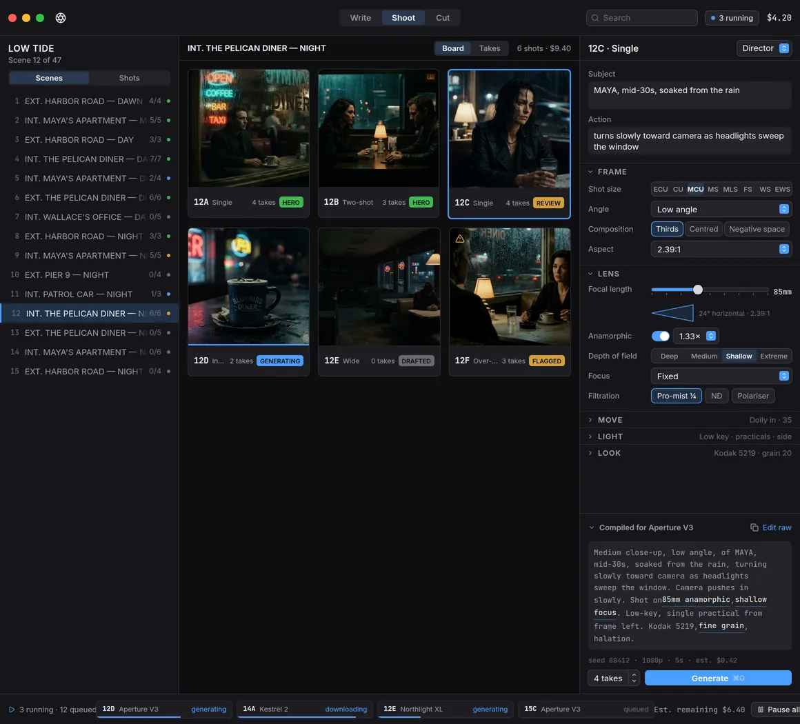 The Shoot room: a board of six generated shots for the diner scene, each tagged with coverage, take count and status, beside camera controls for shot size, angle, lens, filtration and look.